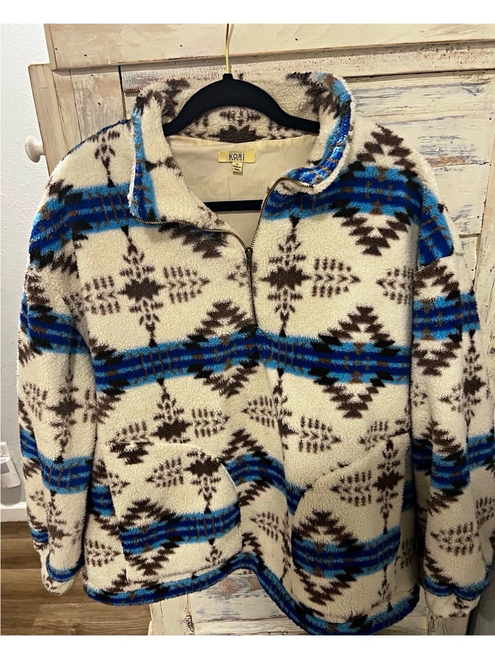 Kori Cream Sherpa Zip Pullover with Blue & Brown Aztec Print